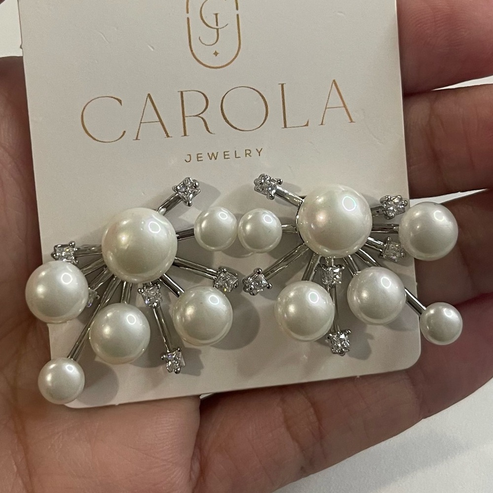 Unique & Exclusive Zircon Pearl Silver Earrings 18k White Gold Plated Jewelry
